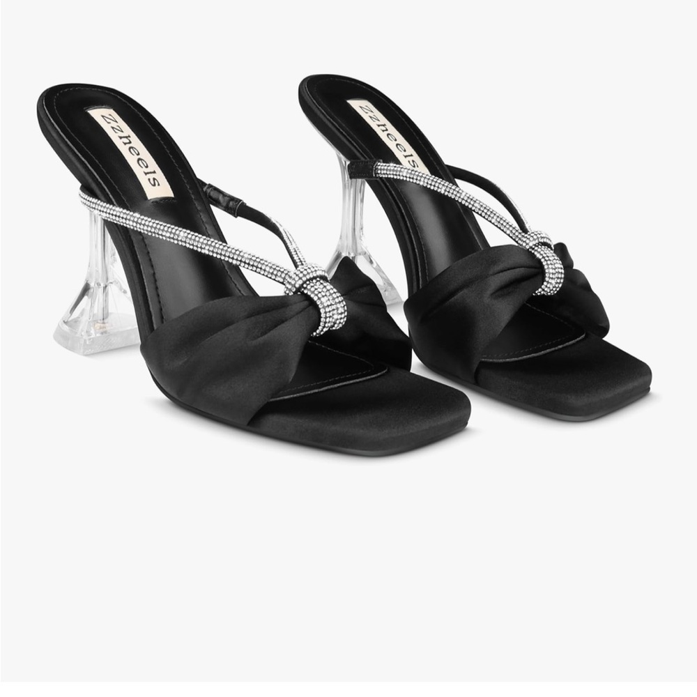 Rhinestone Bow Heels Square Toe Slip On Sandals